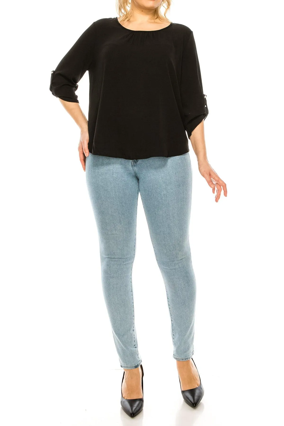 Women's Plus Size Casual Round Neck Loose Fit Roll Tab 3/4 Sleeve Blouse