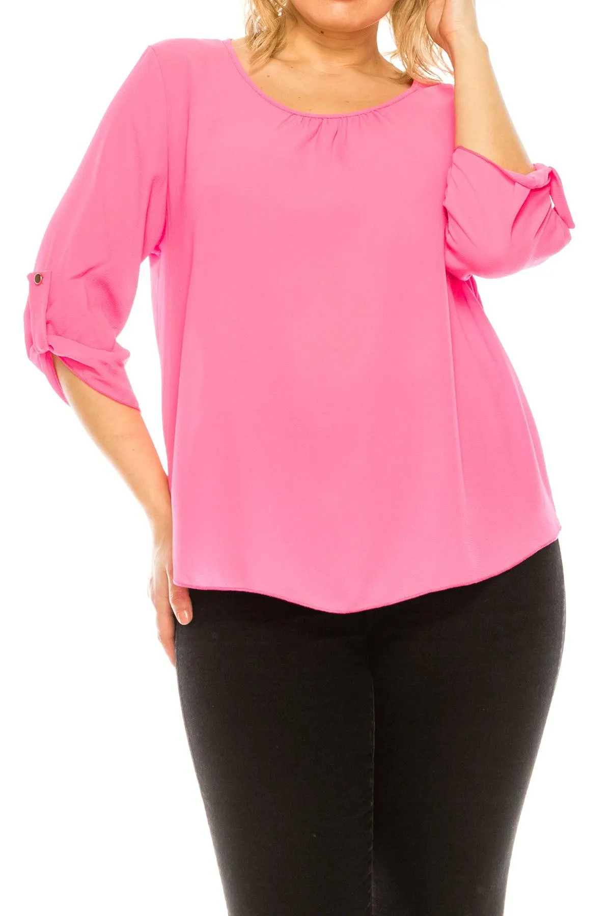Women's Plus Size Casual Round Neck Loose Fit Roll Tab 3/4 Sleeve Blouse