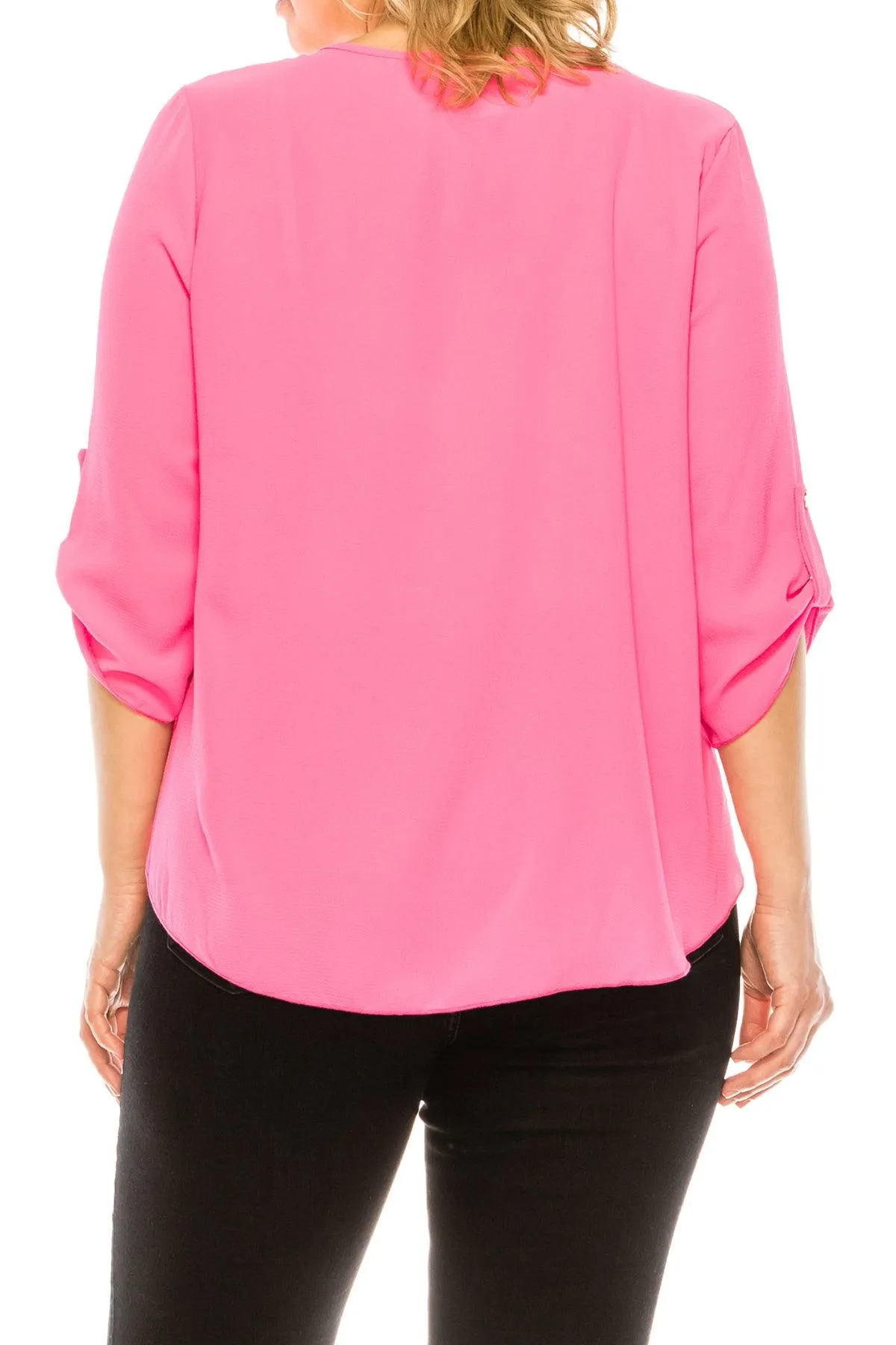 Women's Plus Size Casual Round Neck Loose Fit Roll Tab 3/4 Sleeve Blouse