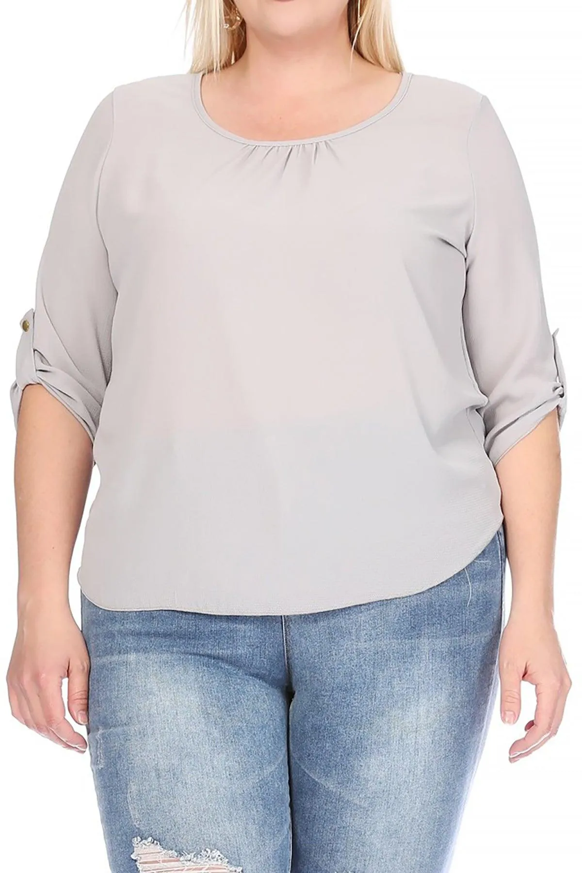 Women's Plus Size Casual Round Neck Loose Fit Roll Tab 3/4 Sleeve Blouse