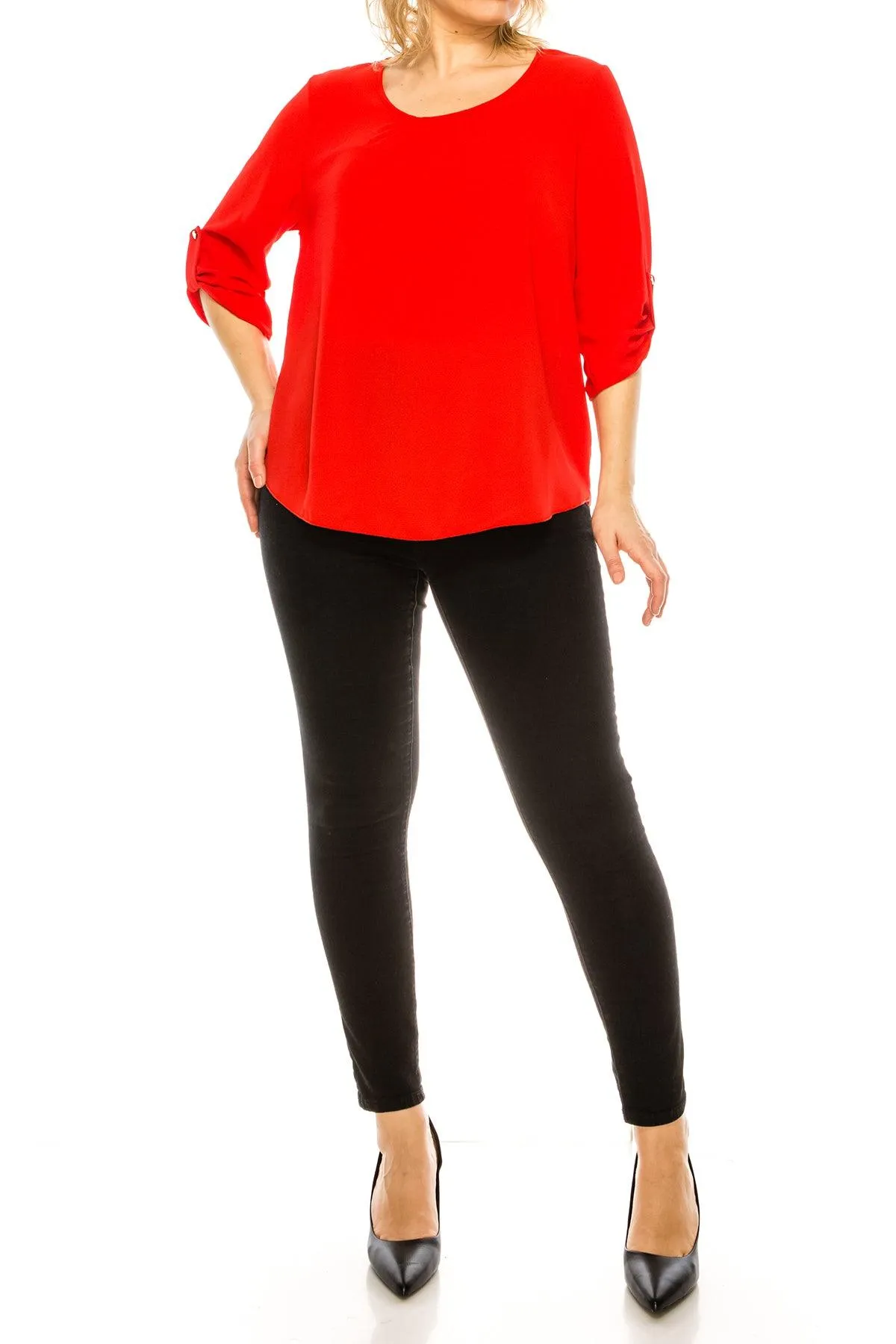 Women's Plus Size Casual Round Neck Loose Fit Roll Tab 3/4 Sleeve Blouse