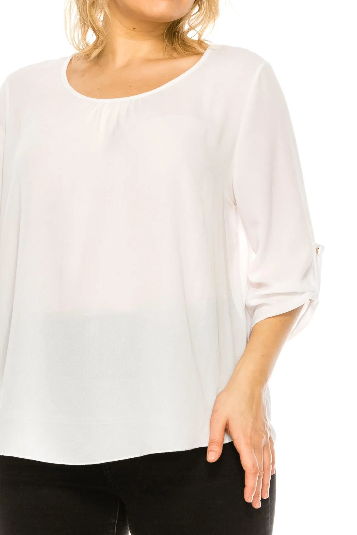 Women's Plus Size Casual Round Neck Loose Fit Roll Tab 3/4 Sleeve Blouse