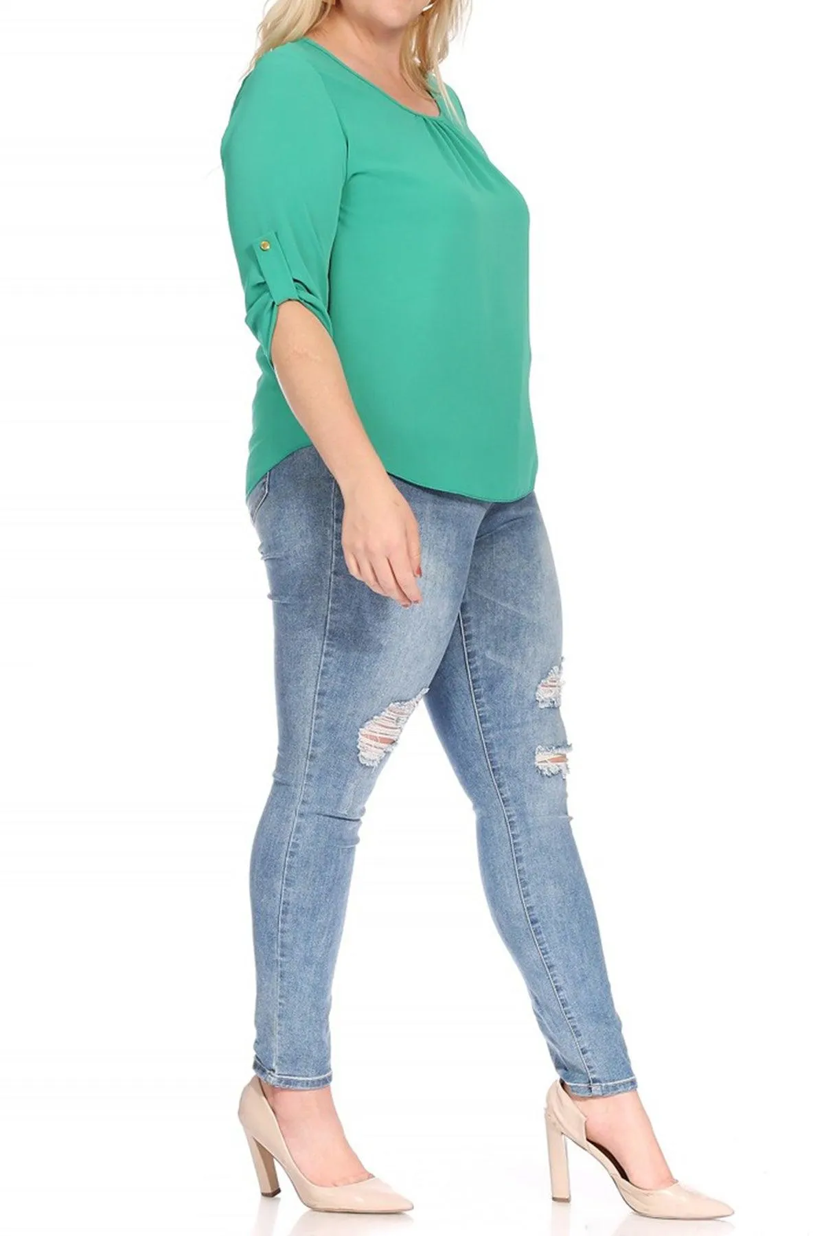 Women's Plus Size Casual Round Neck Loose Fit Roll Tab 3/4 Sleeve Blouse