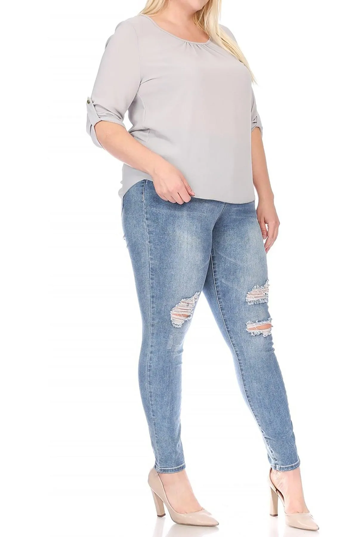 Women's Plus Size Casual Round Neck Loose Fit Roll Tab 3/4 Sleeve Blouse