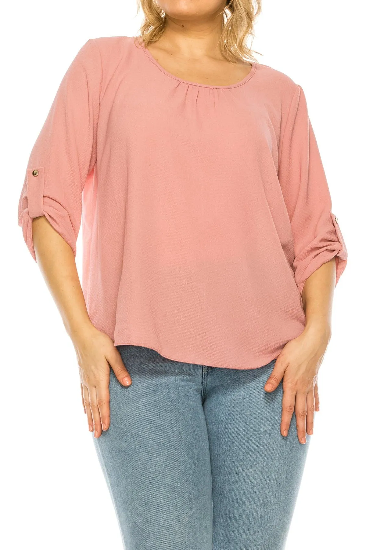 Women's Plus Size Casual Round Neck Loose Fit Roll Tab 3/4 Sleeve Blouse
