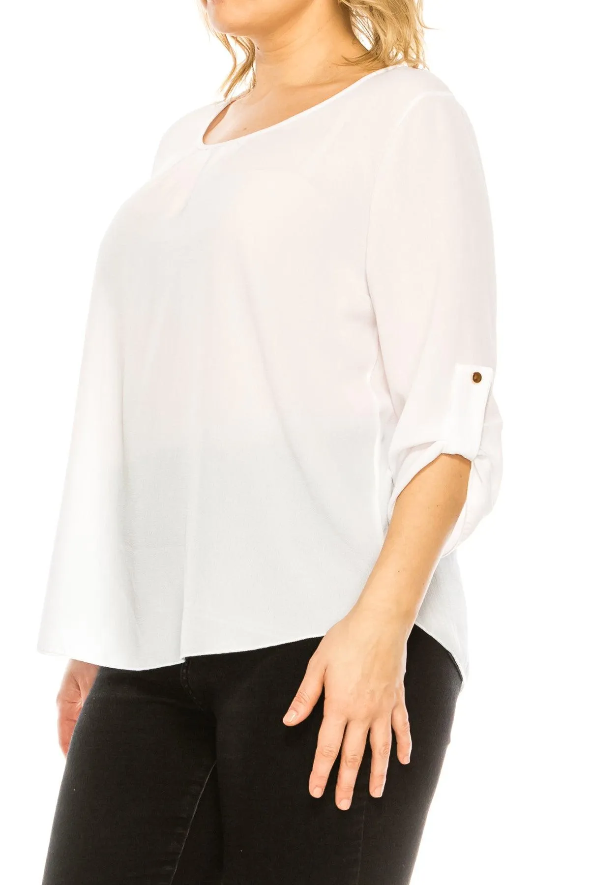 Women's Plus Size Casual Round Neck Loose Fit Roll Tab 3/4 Sleeve Blouse