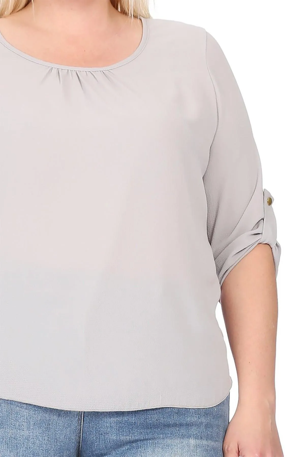 Women's Plus Size Casual Round Neck Loose Fit Roll Tab 3/4 Sleeve Blouse