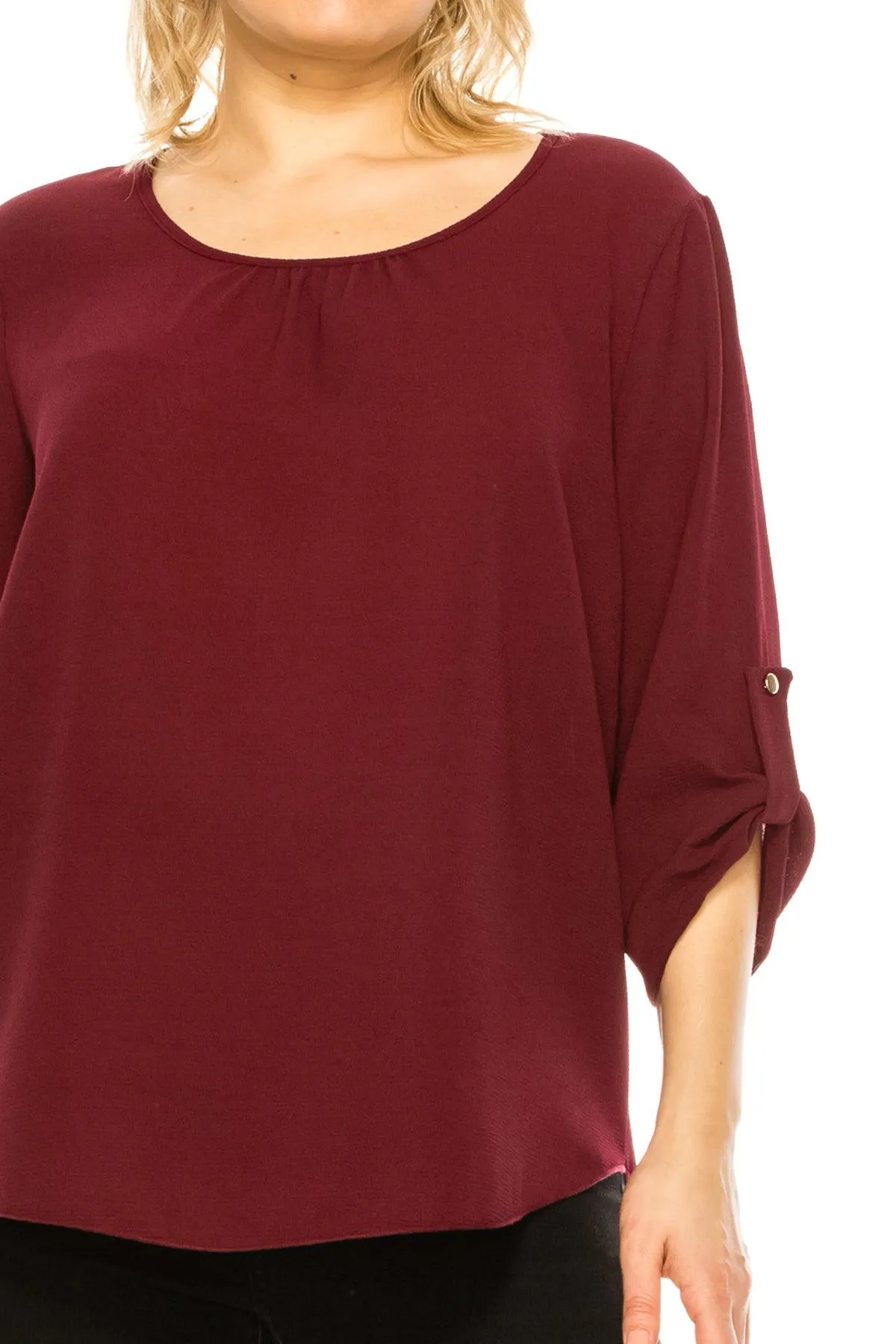 Women's Plus Size Casual Round Neck Loose Fit Roll Tab 3/4 Sleeve Blouse