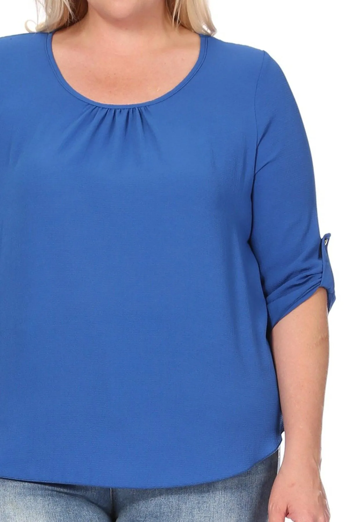 Women's Plus Size Casual Round Neck Loose Fit Roll Tab 3/4 Sleeve Blouse