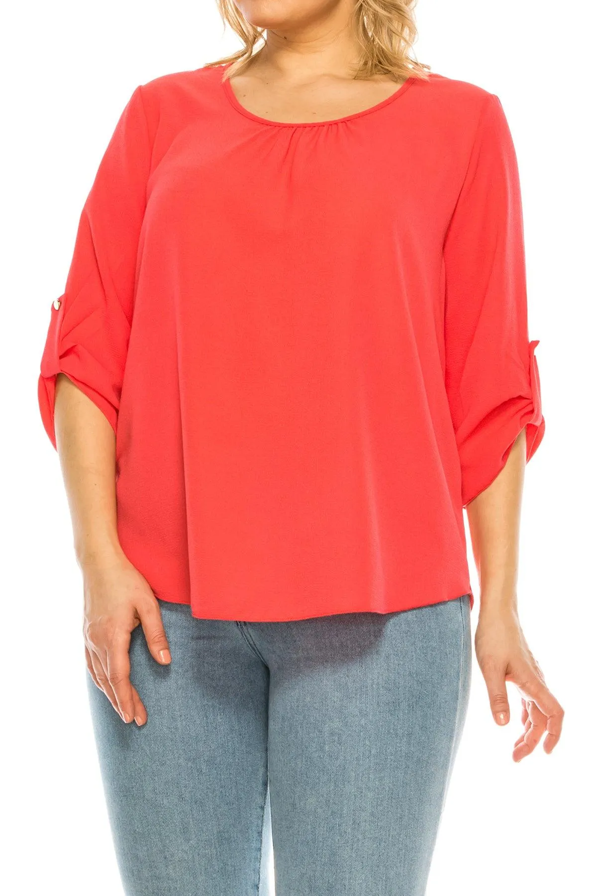 Women's Plus Size Casual Round Neck Loose Fit Roll Tab 3/4 Sleeve Blouse