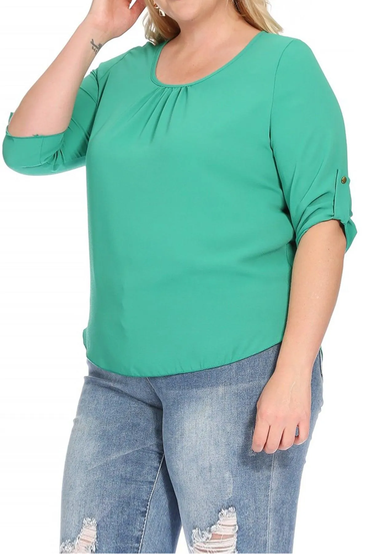 Women's Plus Size Casual Round Neck Loose Fit Roll Tab 3/4 Sleeve Blouse