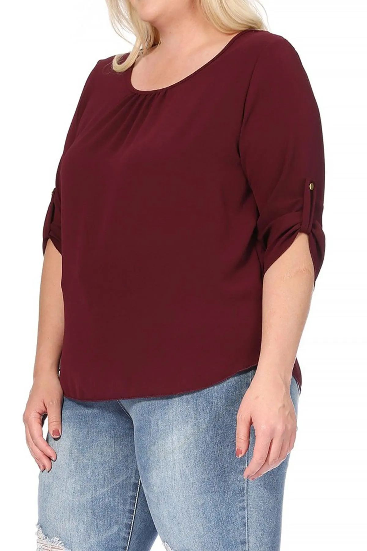 Women's Plus Size Casual Round Neck Loose Fit Roll Tab 3/4 Sleeve Blouse