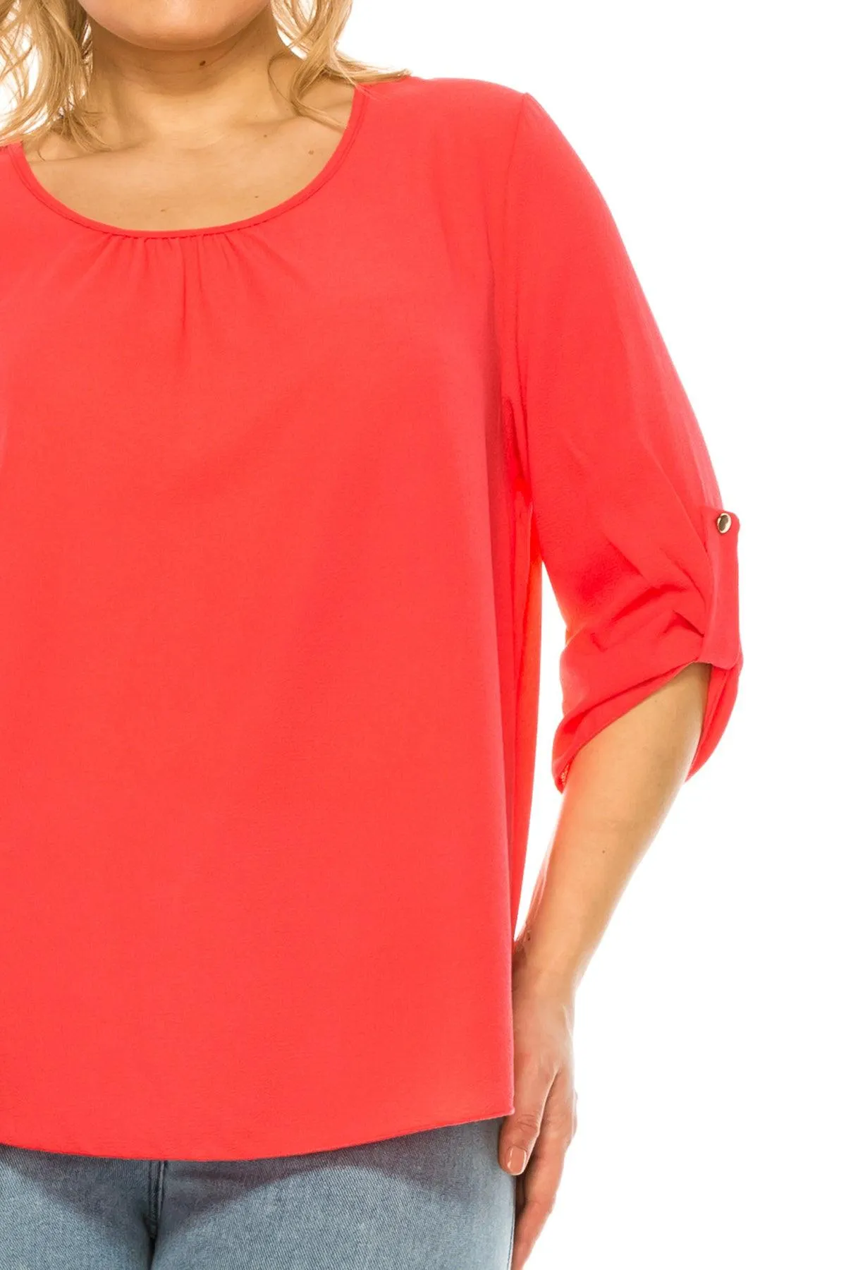 Women's Plus Size Casual Round Neck Loose Fit Roll Tab 3/4 Sleeve Blouse