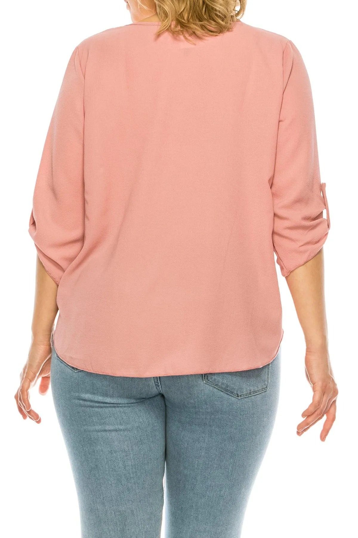 Women's Plus Size Casual Round Neck Loose Fit Roll Tab 3/4 Sleeve Blouse