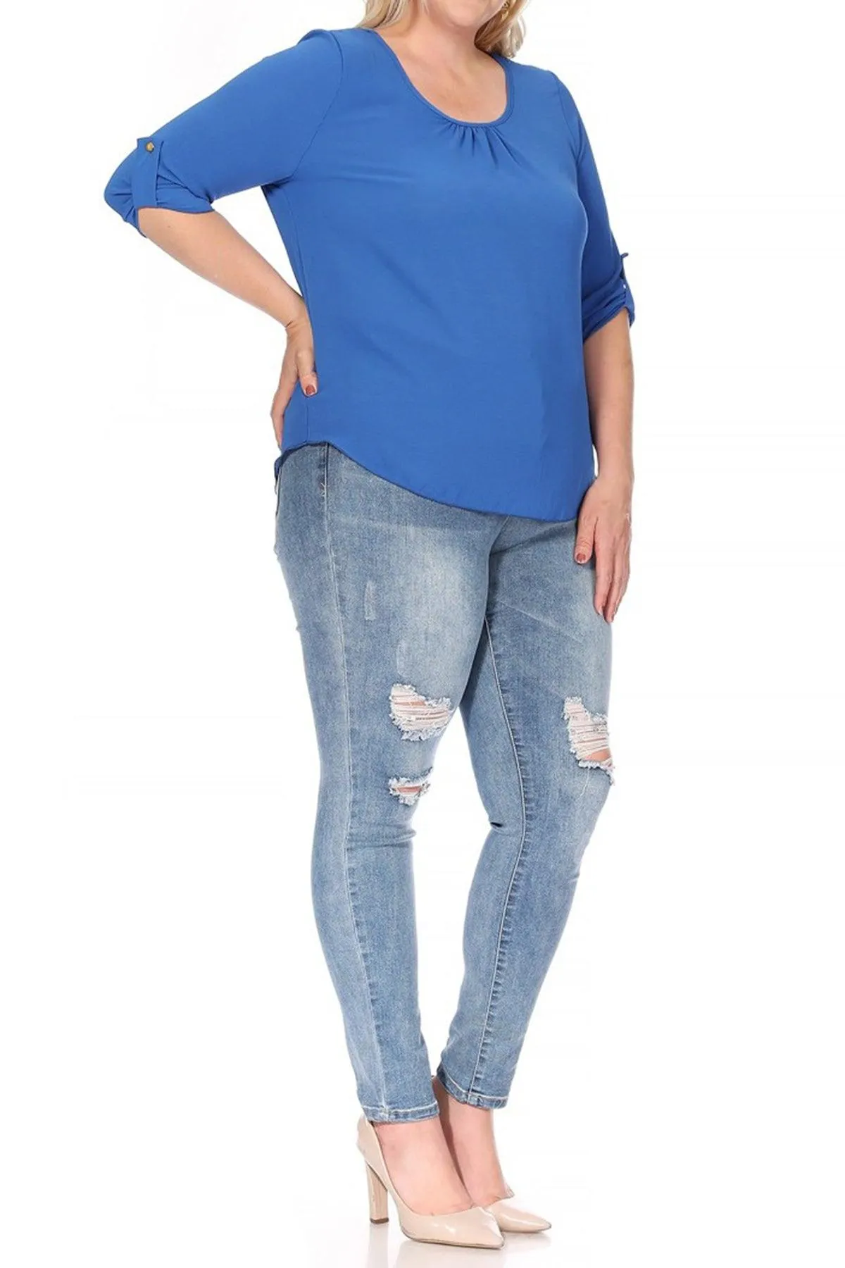 Women's Plus Size Casual Round Neck Loose Fit Roll Tab 3/4 Sleeve Blouse
