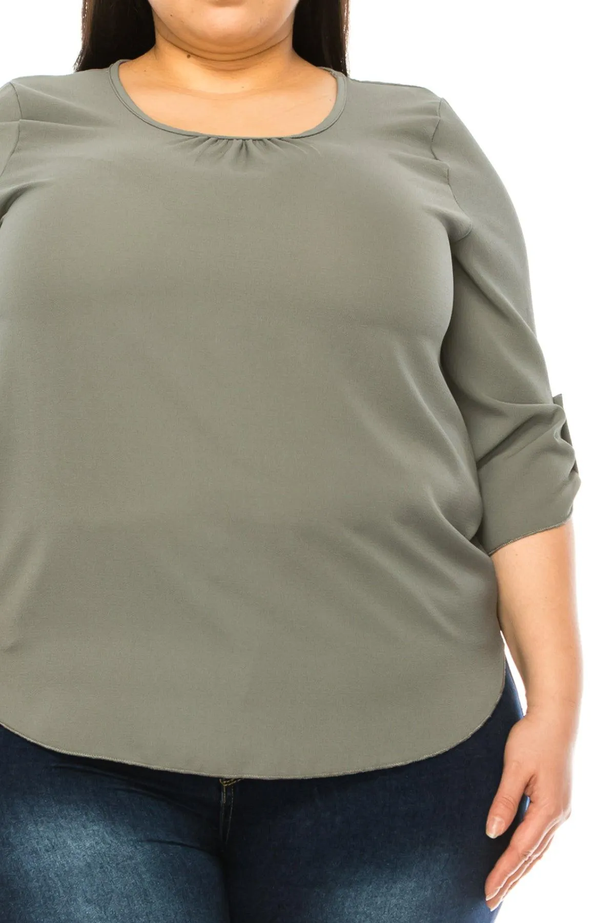 Women's Plus Size Casual Round Neck Loose Fit Roll Tab 3/4 Sleeve Blouse
