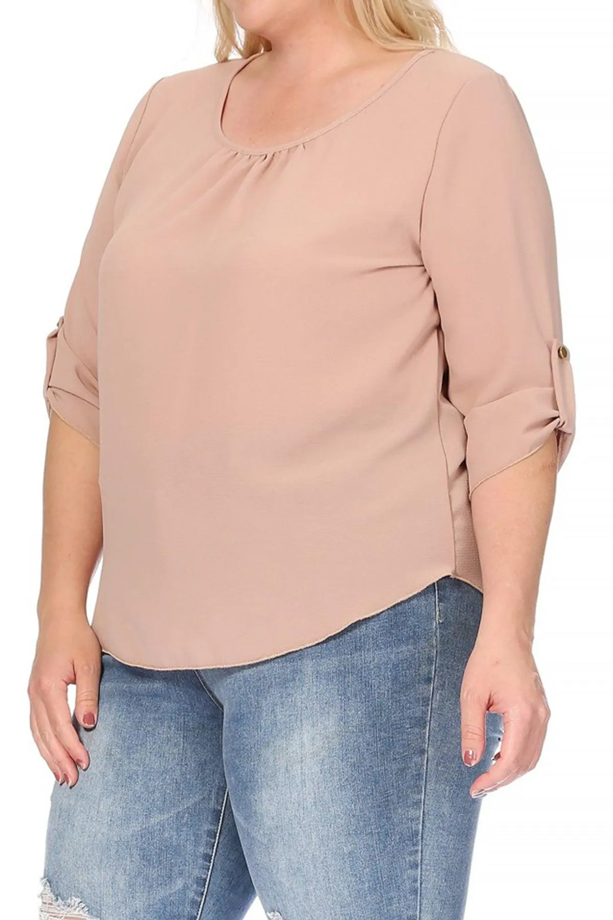 Women's Plus Size Casual Round Neck Loose Fit Roll Tab 3/4 Sleeve Blouse