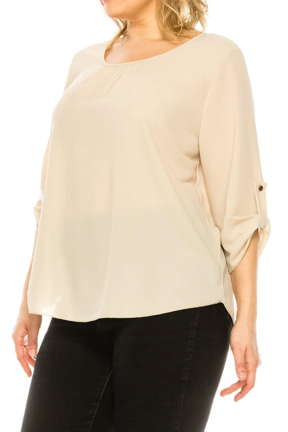 Women's Plus Size Casual Round Neck Loose Fit Roll Tab 3/4 Sleeve Blouse