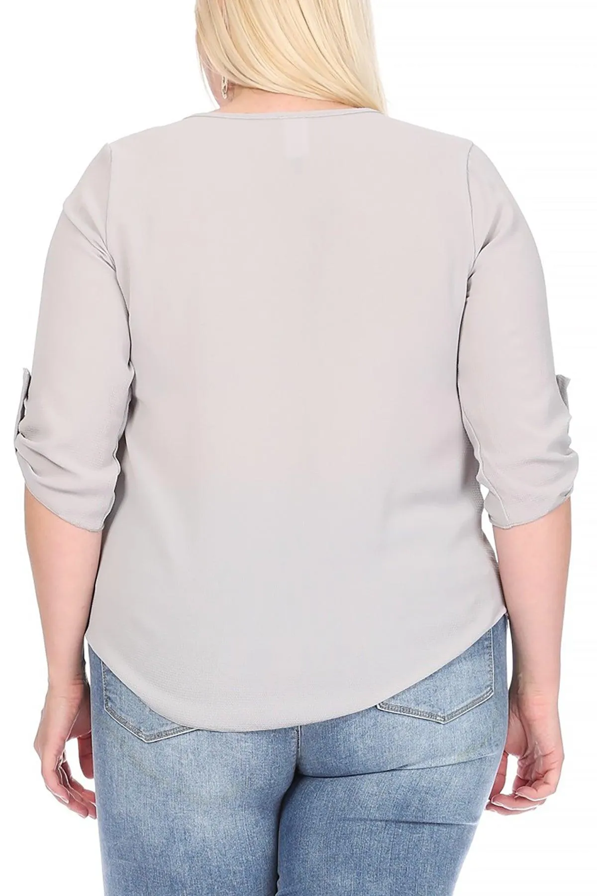 Women's Plus Size Casual Round Neck Loose Fit Roll Tab 3/4 Sleeve Blouse
