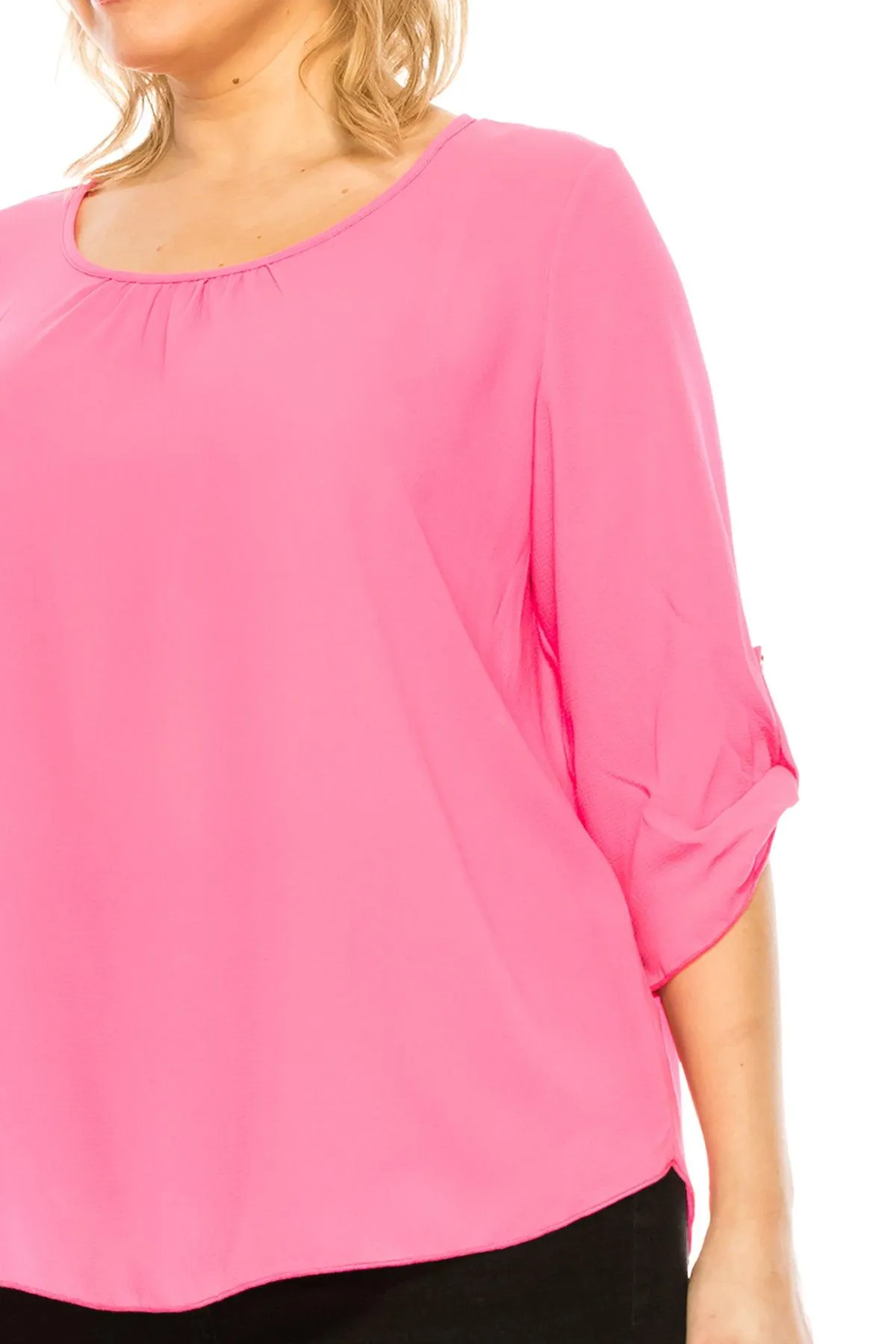 Women's Plus Size Casual Round Neck Loose Fit Roll Tab 3/4 Sleeve Blouse