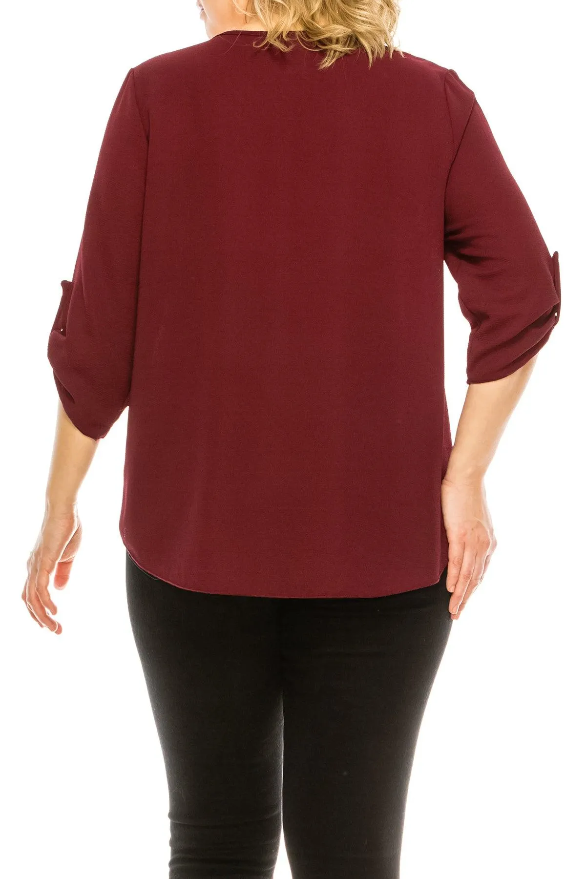 Women's Plus Size Casual Round Neck Loose Fit Roll Tab 3/4 Sleeve Blouse