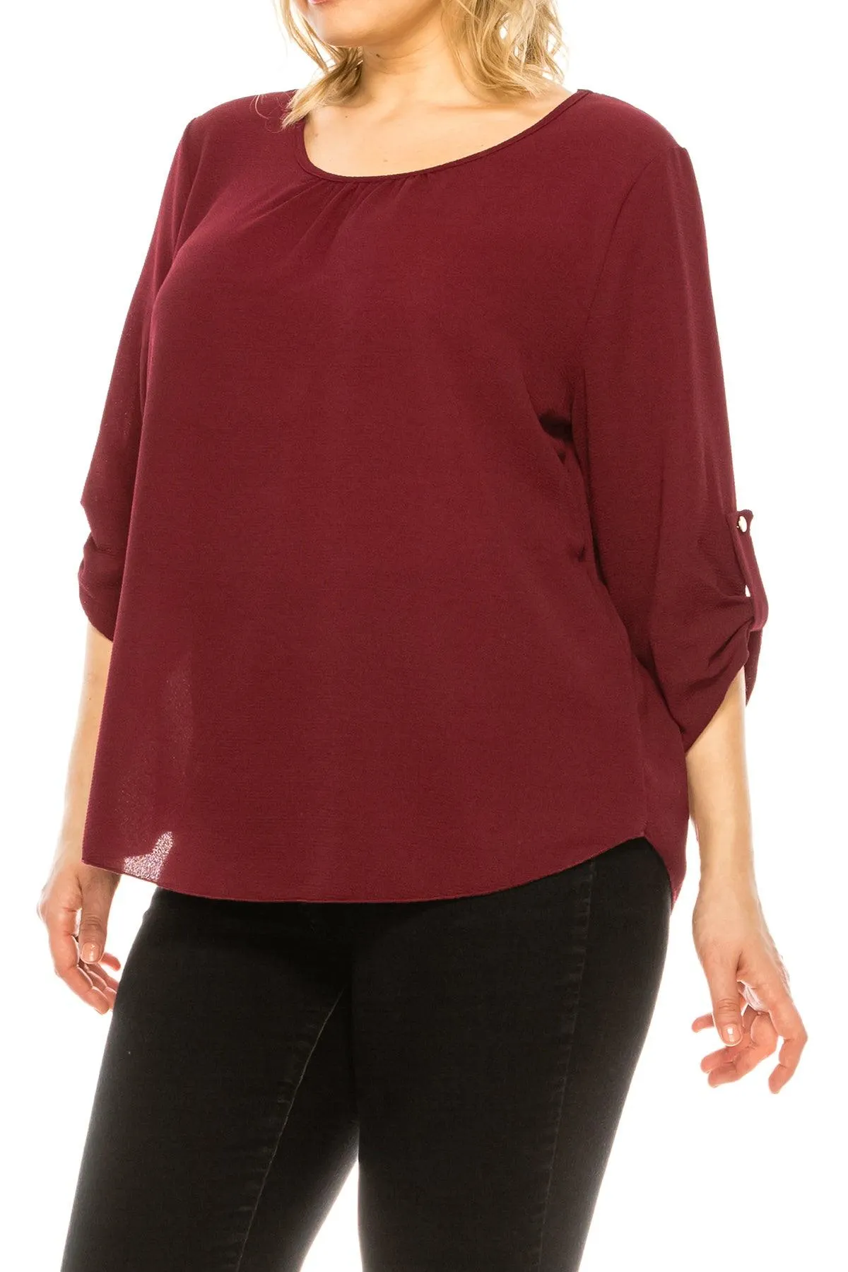 Women's Plus Size Casual Round Neck Loose Fit Roll Tab 3/4 Sleeve Blouse