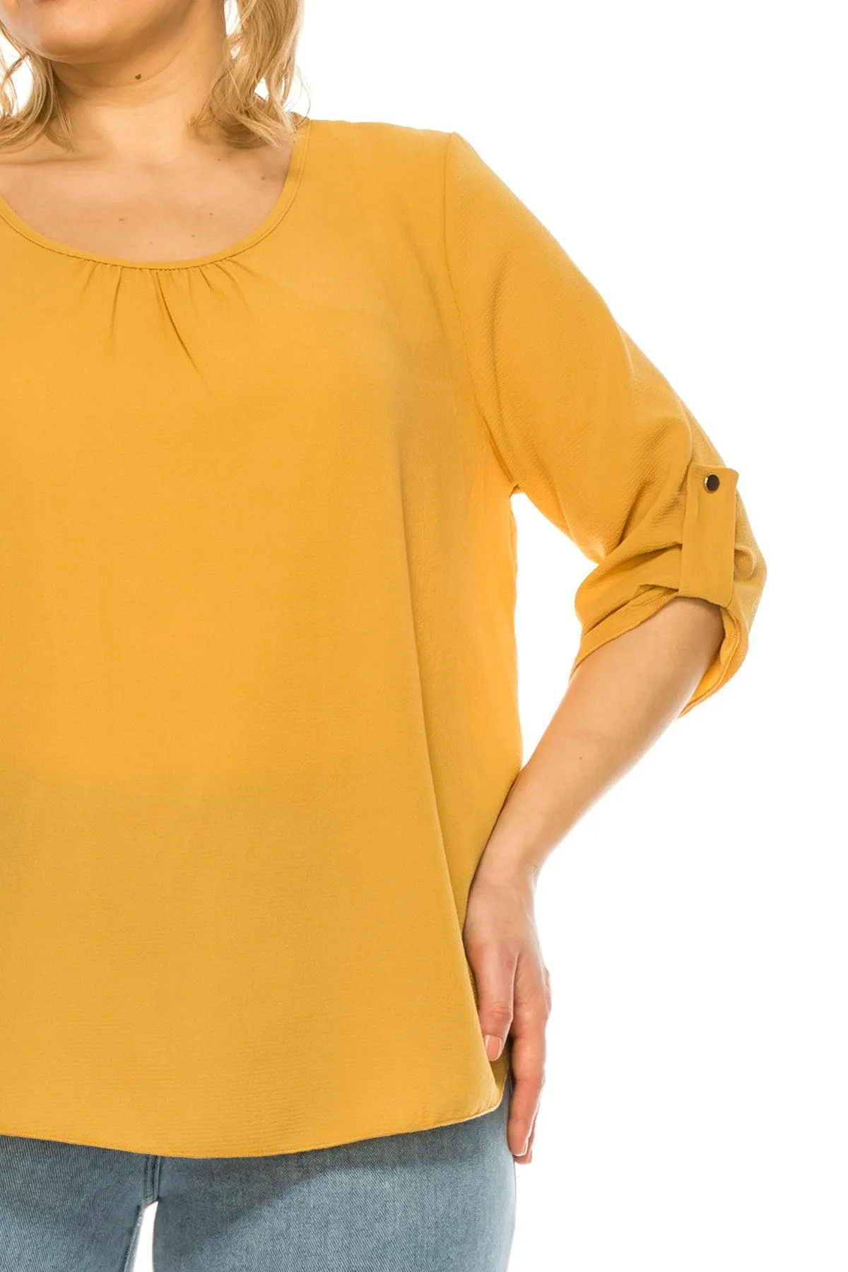 Women's Plus Size Casual Round Neck Loose Fit Roll Tab 3/4 Sleeve Blouse