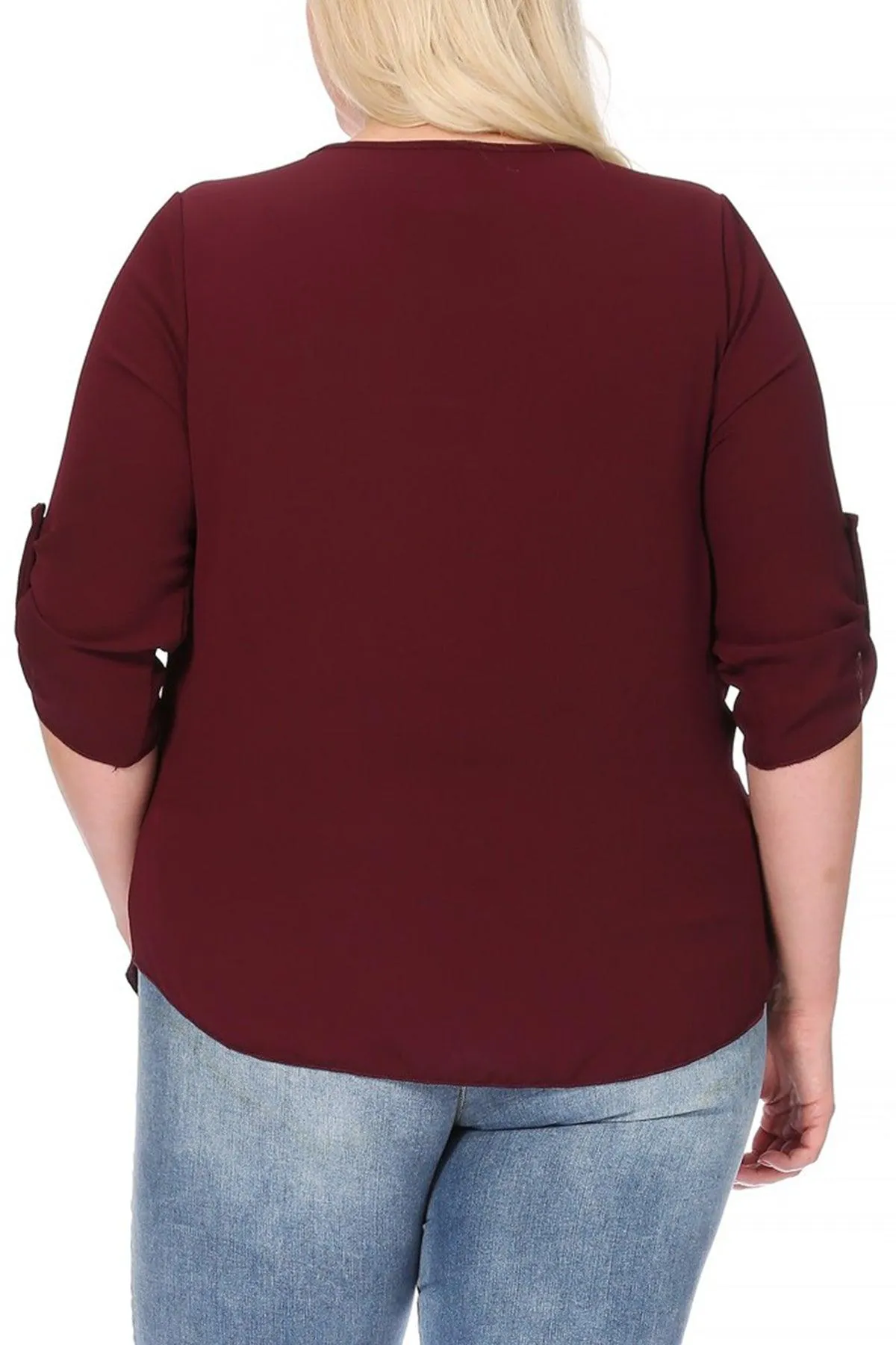 Women's Plus Size Casual Round Neck Loose Fit Roll Tab 3/4 Sleeve Blouse