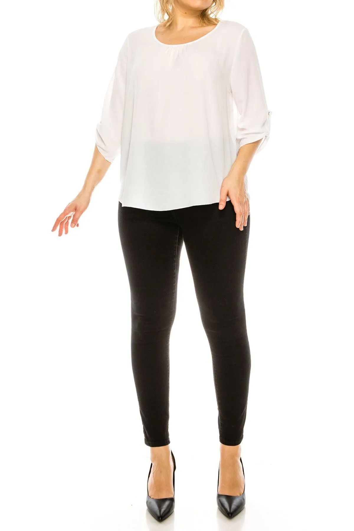 Women's Plus Size Casual Round Neck Loose Fit Roll Tab 3/4 Sleeve Blouse