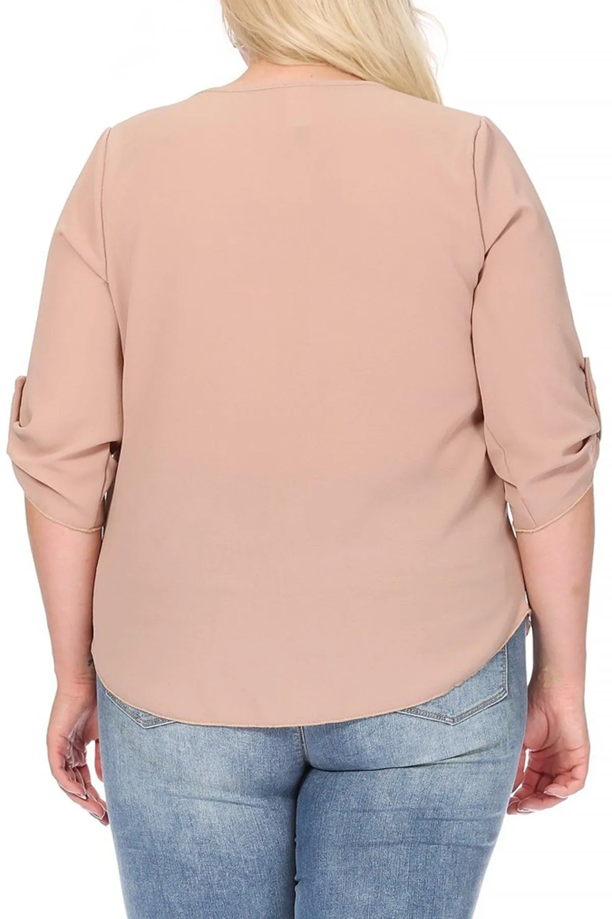 Women's Plus Size Casual Round Neck Loose Fit Roll Tab 3/4 Sleeve Blouse