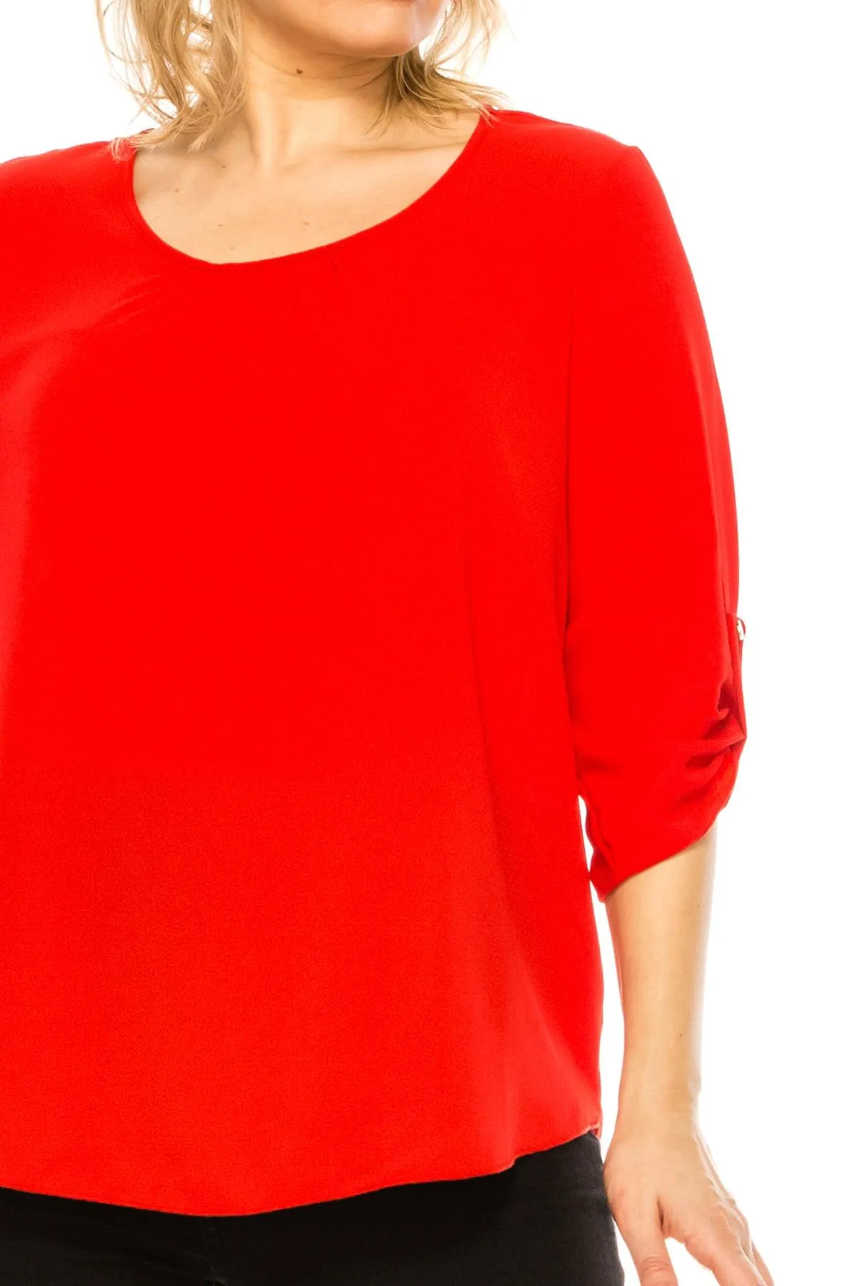 Women's Plus Size Casual Round Neck Loose Fit Roll Tab 3/4 Sleeve Blouse