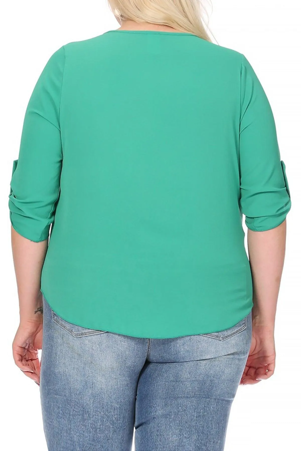 Women's Plus Size Casual Round Neck Loose Fit Roll Tab 3/4 Sleeve Blouse