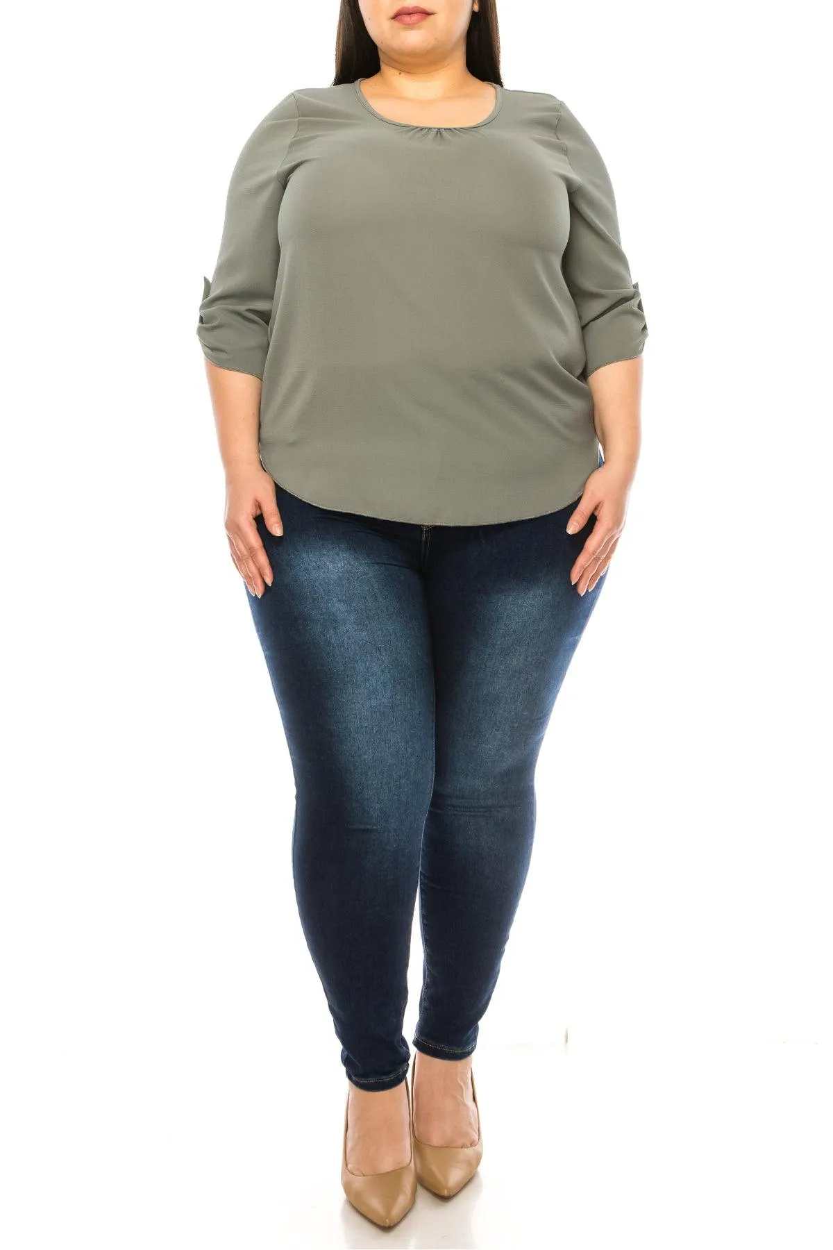 Women's Plus Size Casual Round Neck Loose Fit Roll Tab 3/4 Sleeve Blouse