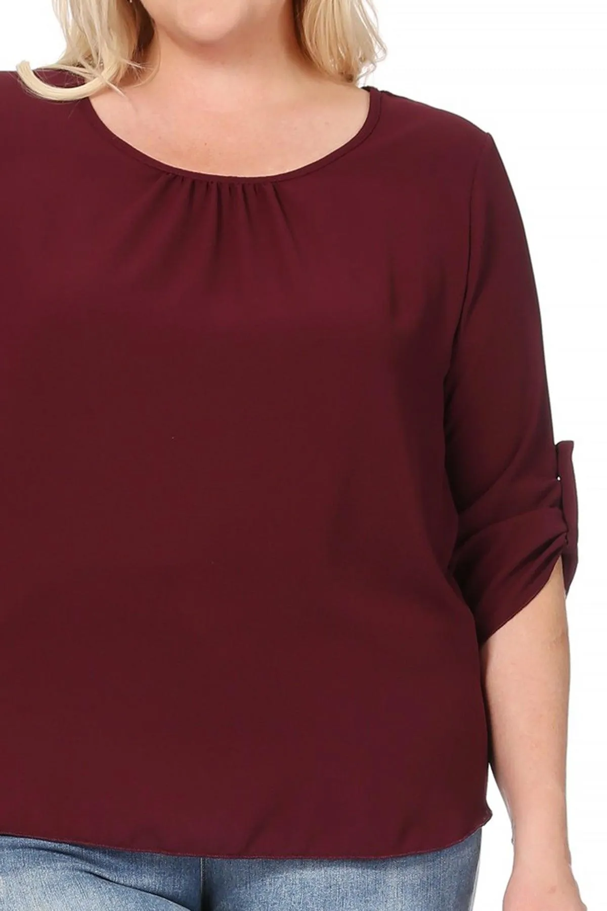 Women's Plus Size Casual Round Neck Loose Fit Roll Tab 3/4 Sleeve Blouse