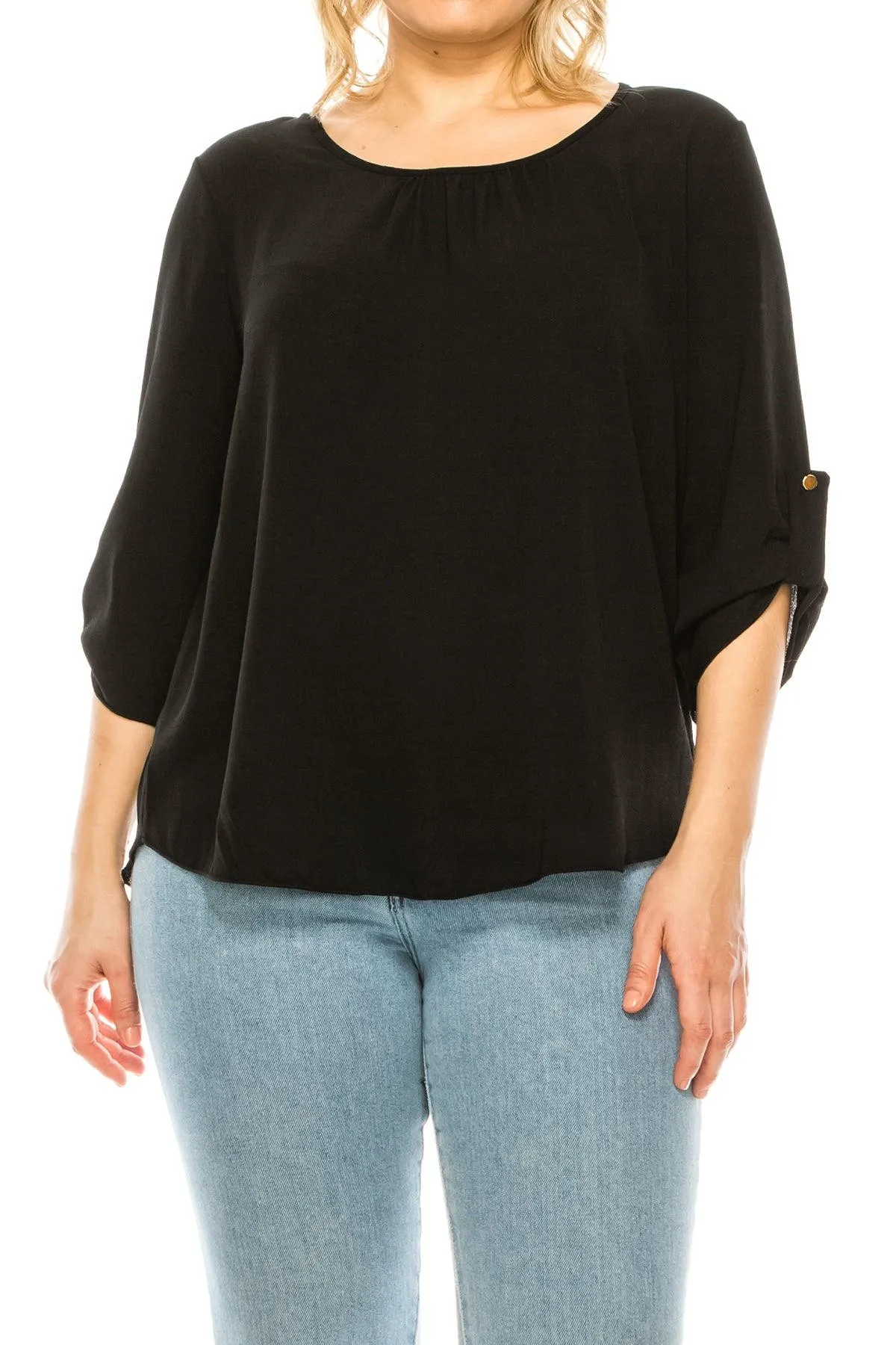 Women's Plus Size Casual Round Neck Loose Fit Roll Tab 3/4 Sleeve Blouse