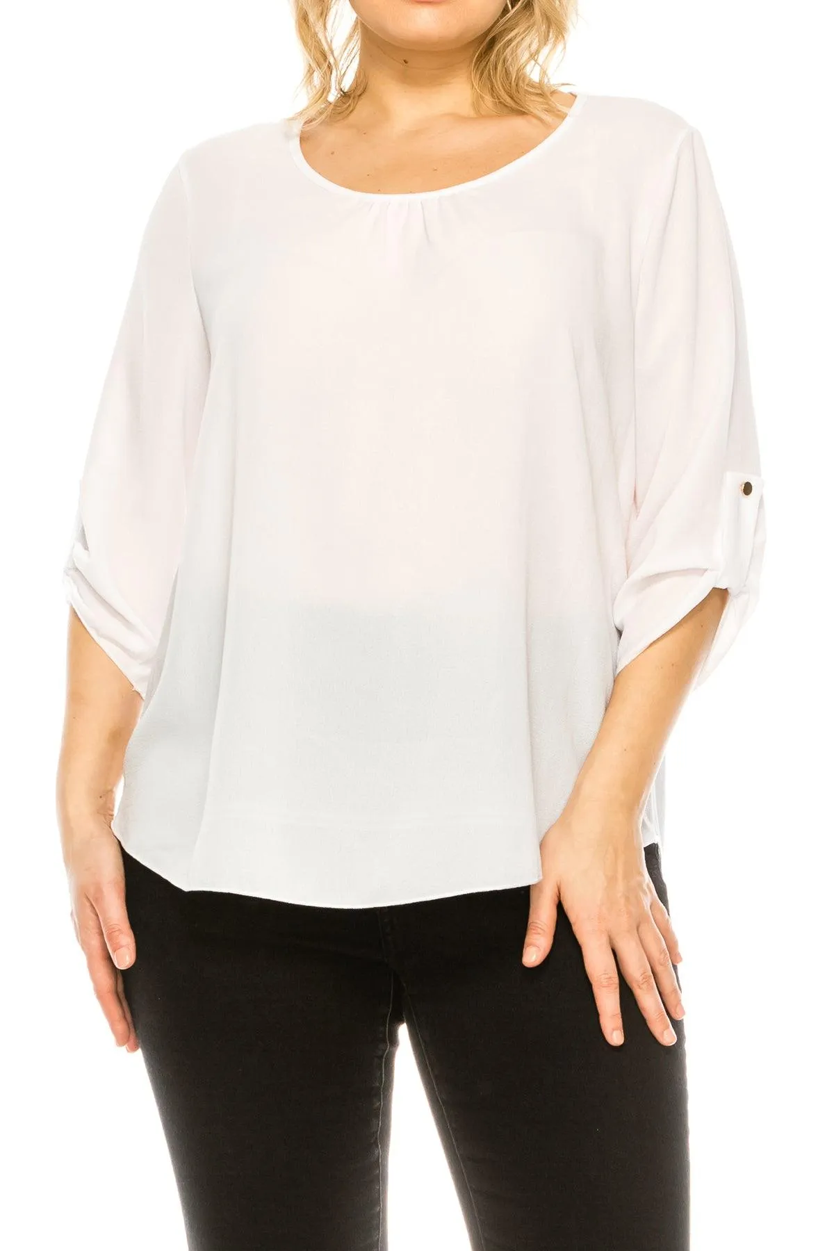 Women's Plus Size Casual Round Neck Loose Fit Roll Tab 3/4 Sleeve Blouse