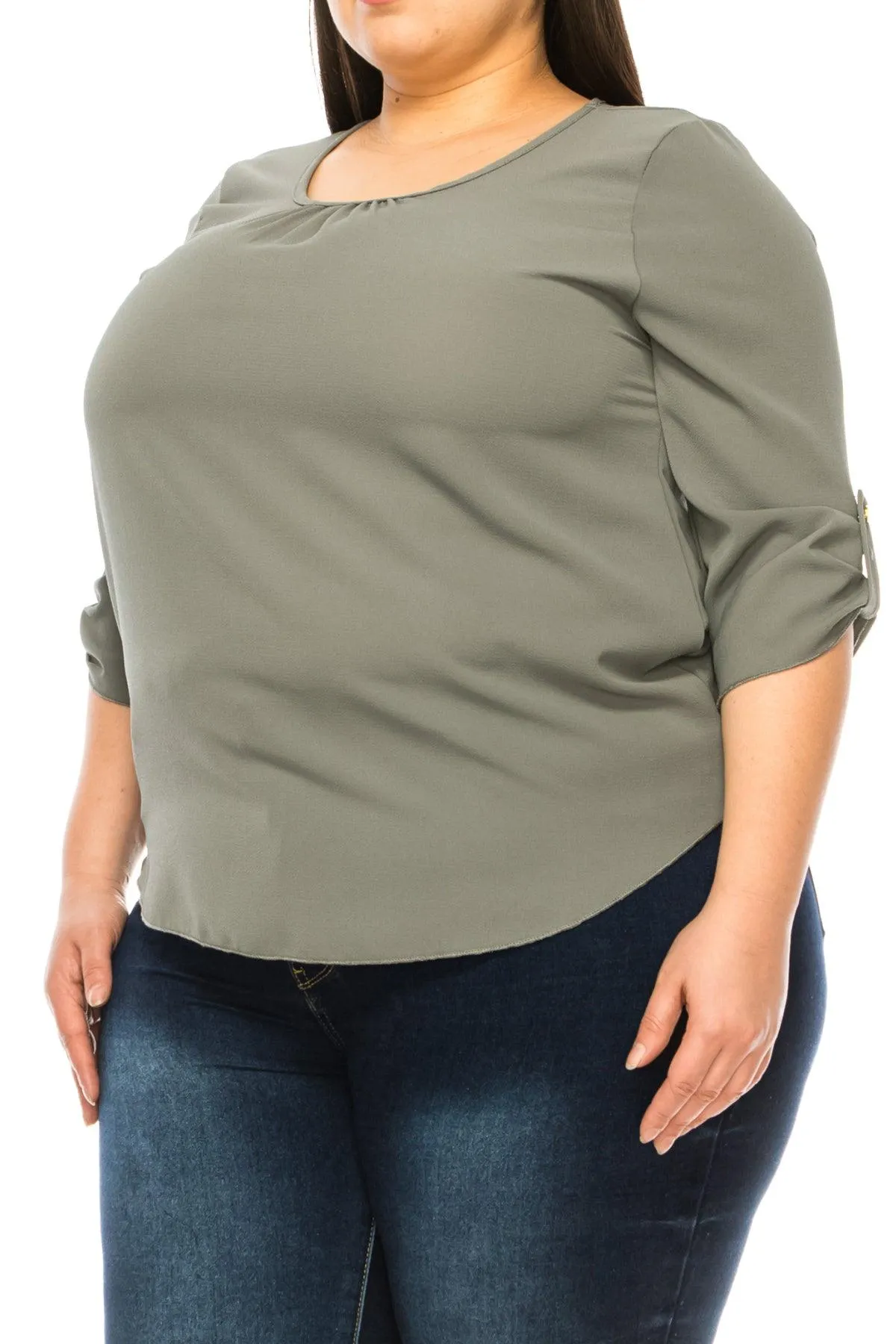 Women's Plus Size Casual Round Neck Loose Fit Roll Tab 3/4 Sleeve Blouse