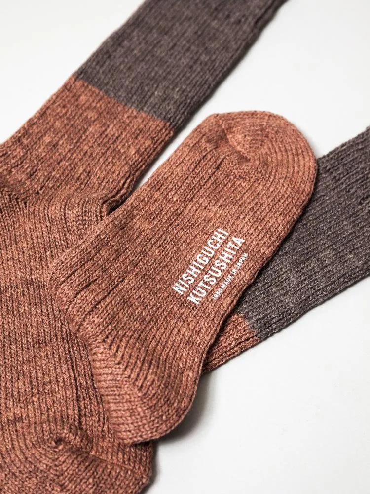 Wool Cotton Slab Socks, Brown
